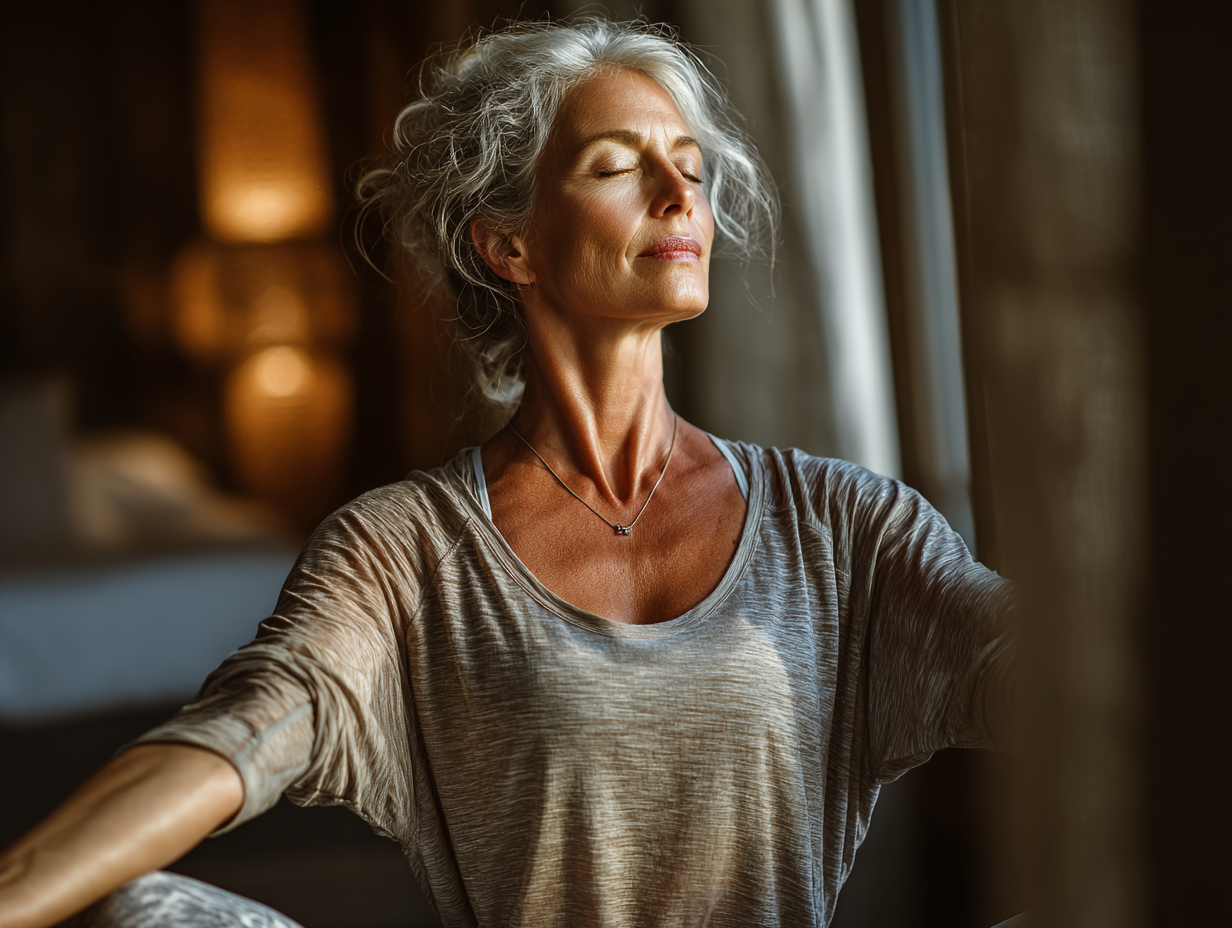 Група людей похилого віку займається творчим рухом у затишному залі