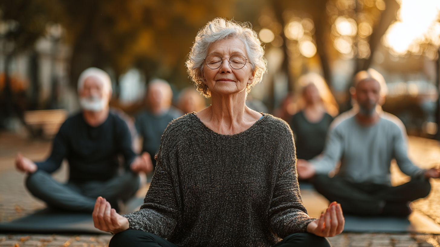 Усміхнена жінка похилого віку виконує танцювальний рух на природі